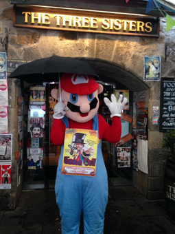 Matt's wife Kat dressed as Mario about to go flyering for Game On at the Edinburgh Firnge Festival